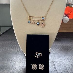 Evil Eye Safety Pin Pendant Necklace with ring and earrings